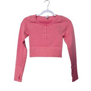 Offline by Aerie Thumbs Up Thermal Waffle Henley Top Women XS Pink Crop Active